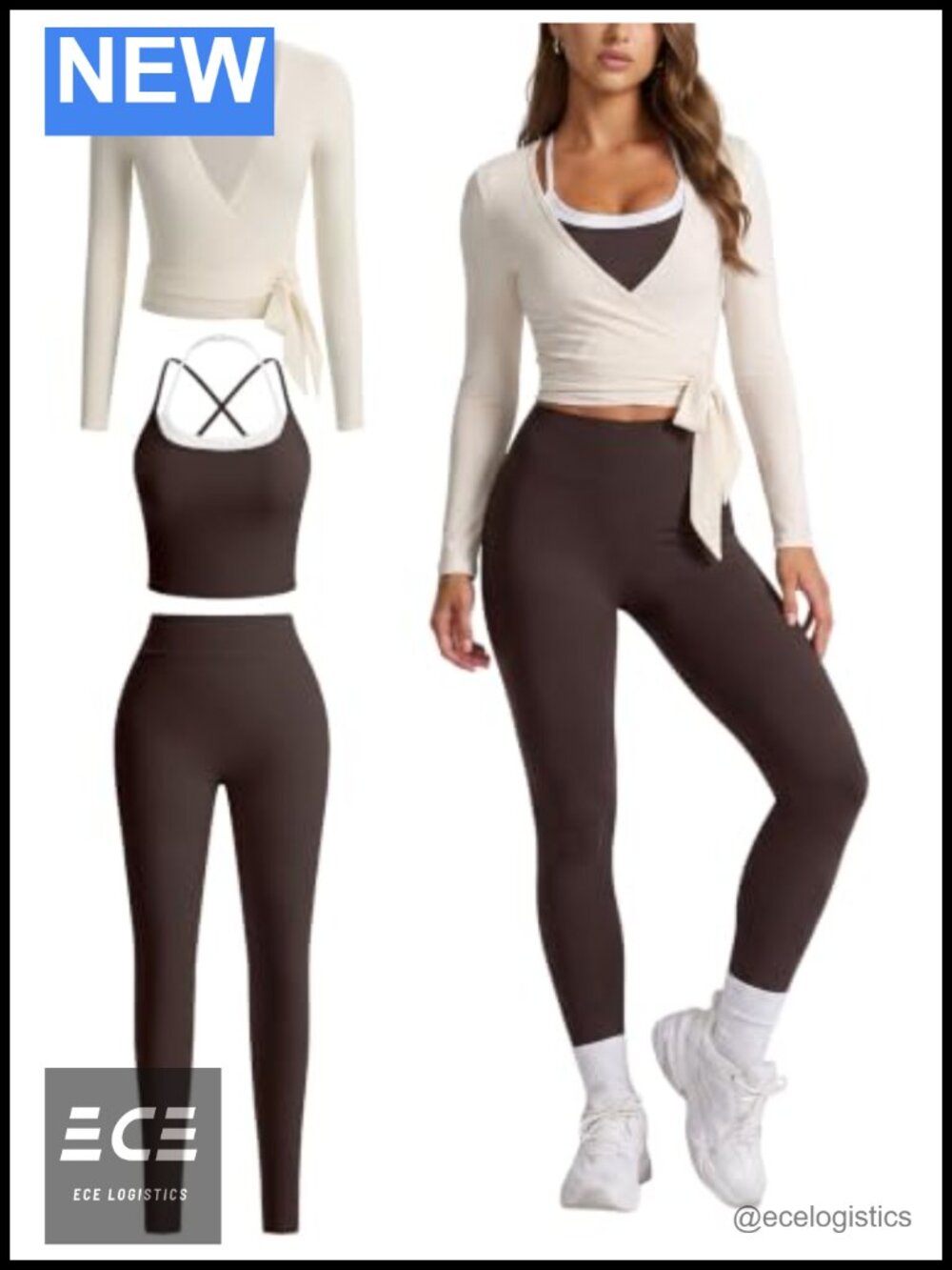 3 Piece Workout Set Womens Polyamide Elastane Tank Top Wrap Top Leggings
